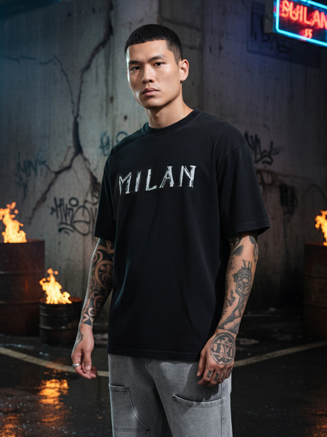 Men's Black Relaxed Fit Graphic Printed 240 GSM Street Wear T-Shirt