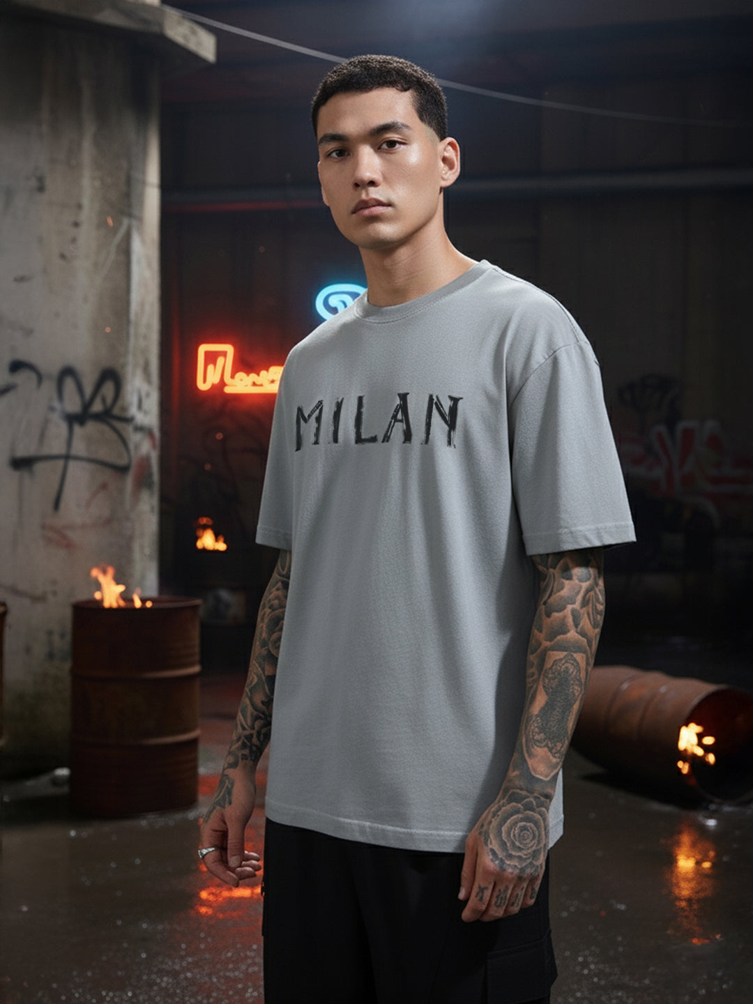 Men's Grey Relaxed Fit Graphic Printed 240 GSM Street Wear T-Shirt