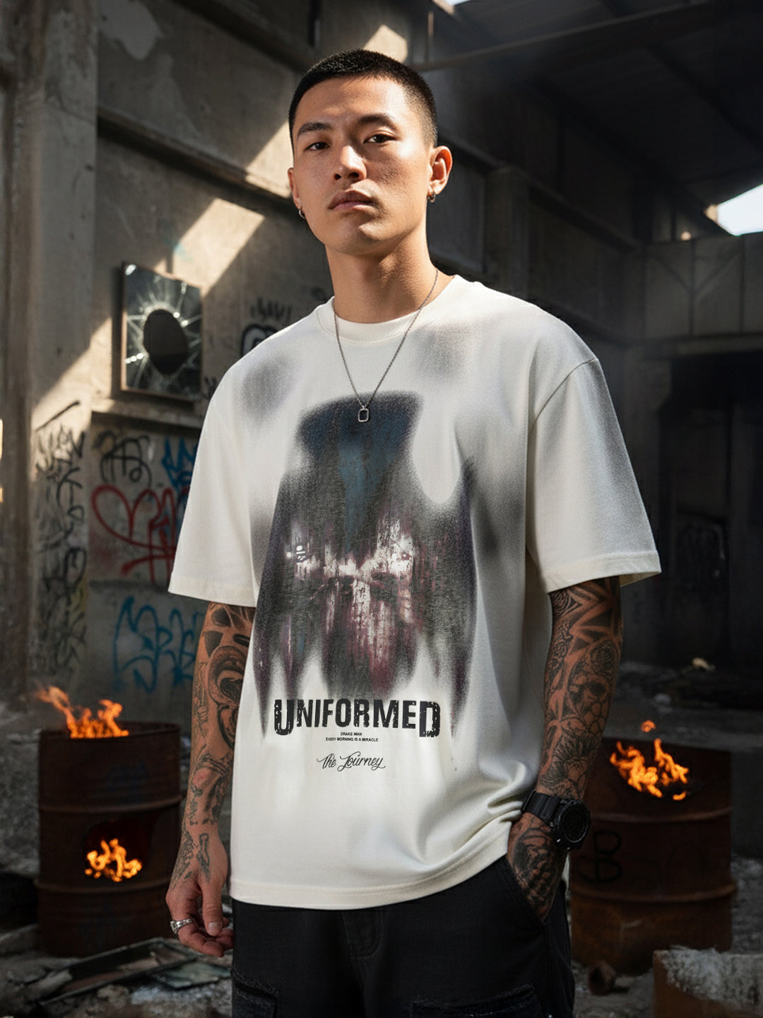 Men's Cream Relaxed Fit Graphic Printed 240 GSM Street Wear T-Shirt