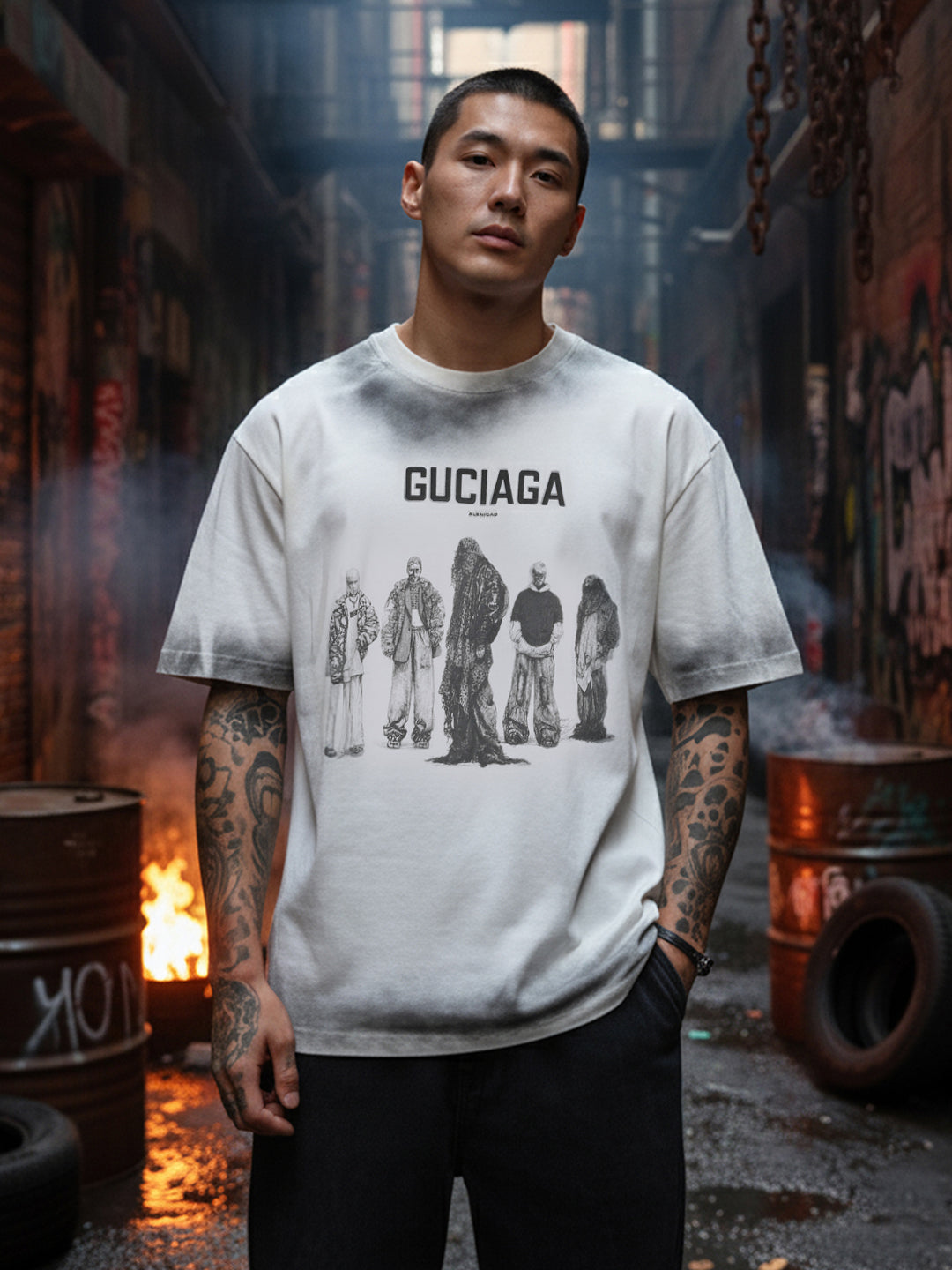 Men's Cream Relaxed Fit Graphic Printed 240 GSM Street Wear T-Shirt