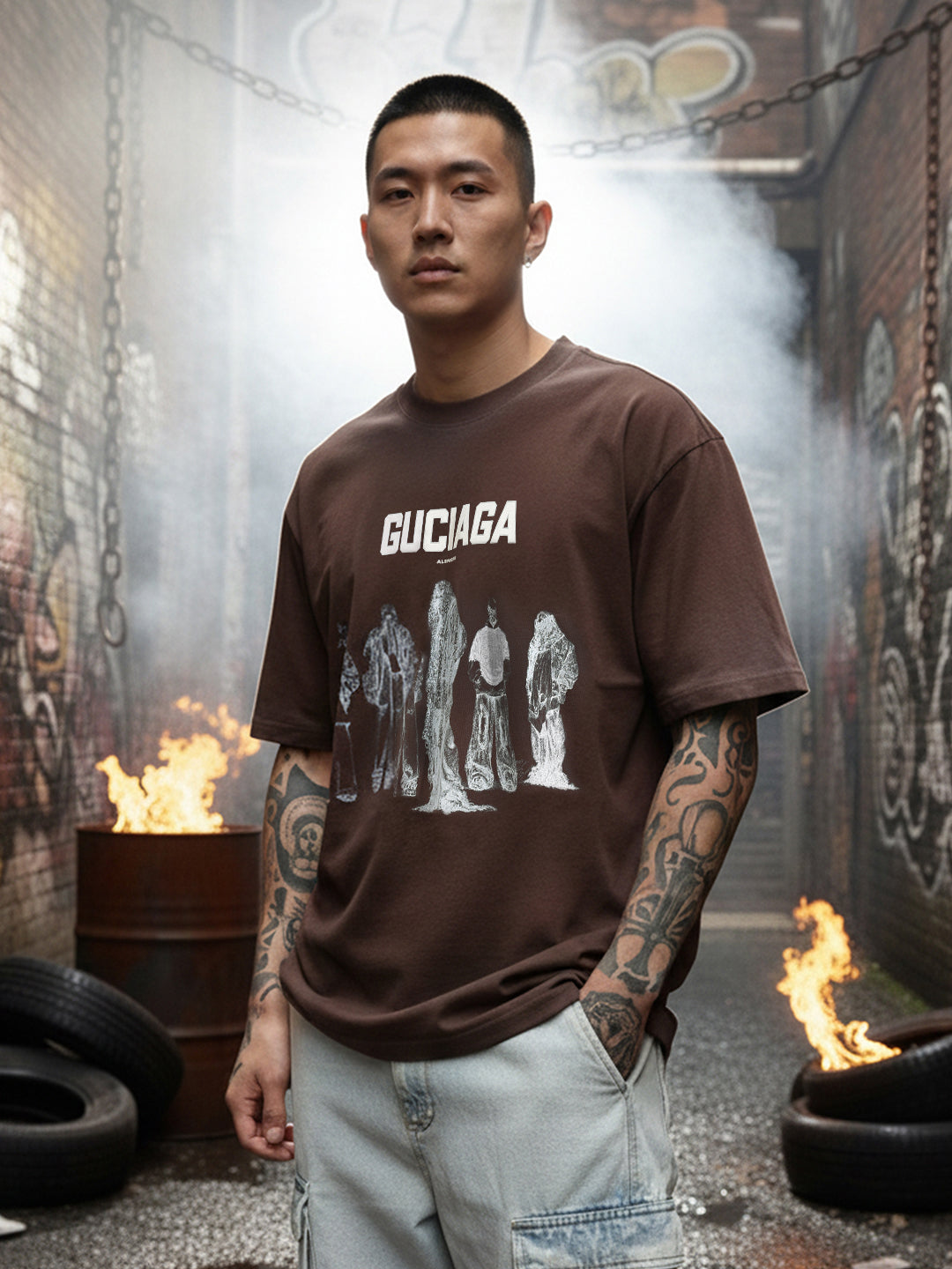 Men's Brown Relaxed Fit Graphic Printed 240 GSM Street Wear T-Shirt