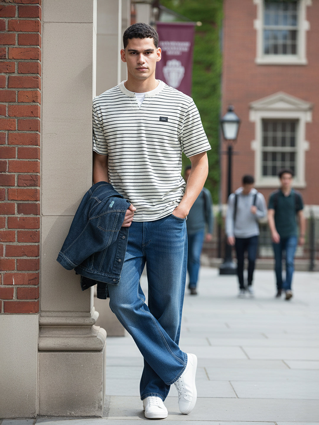 Men's Grey Relaxed Fit Striped 240 GSM Street Wear T-Shirt