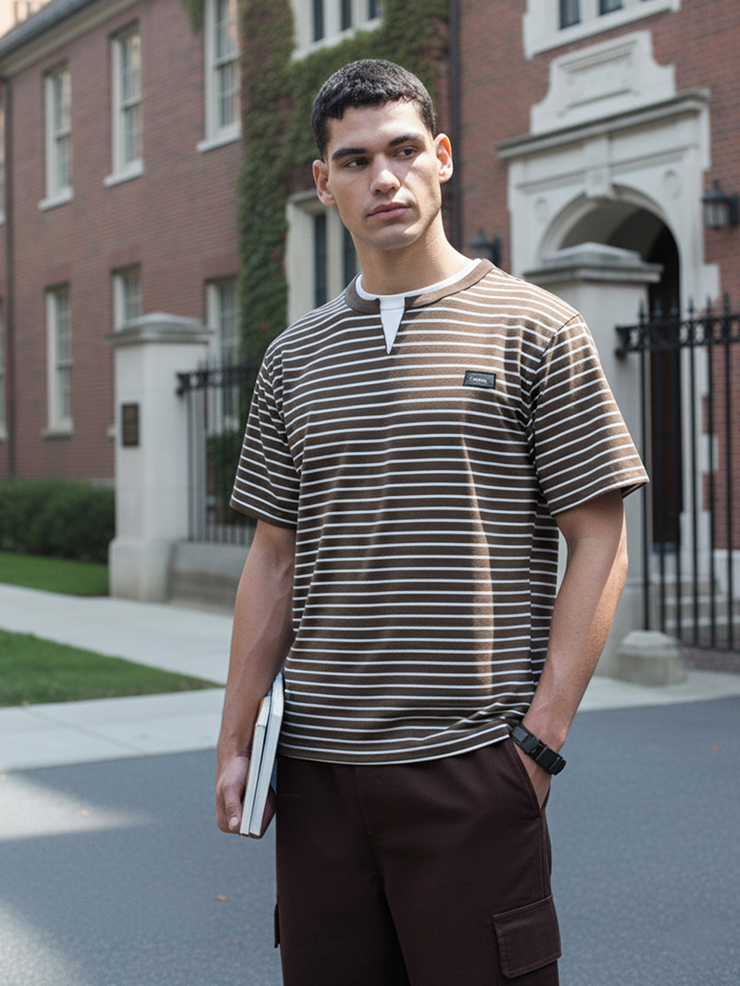 Men's Brown Relaxed Fit Striped 240 GSM Street Wear T-Shirt