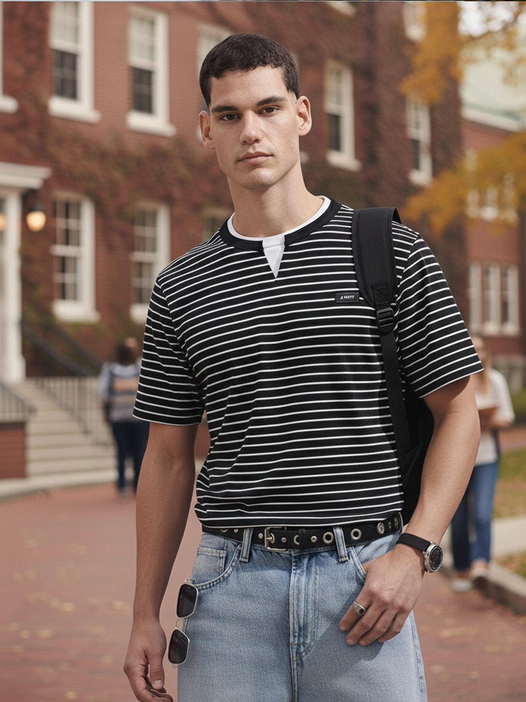 Men's Black Relaxed Fit Striped 240 GSM Street Wear T-Shirt