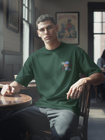 Men's Green Relaxed Fit Embroided 240 GSM Street Wear T-Shirt