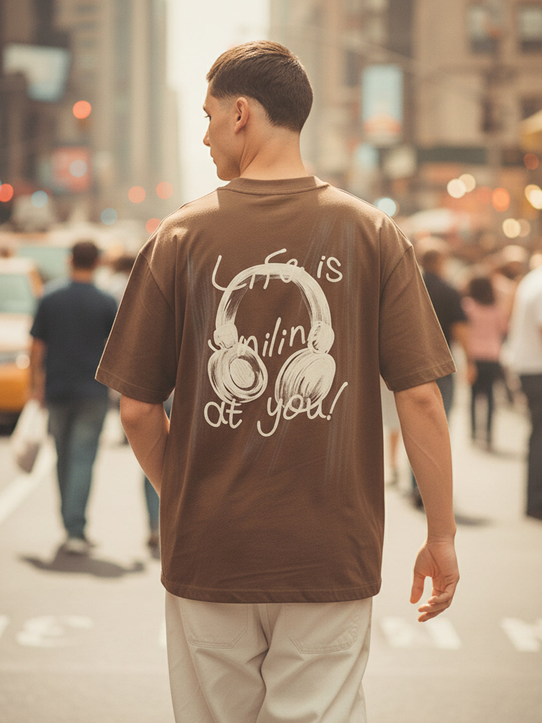 Men's Brown Relaxed Fit Graphic Printed 240 GSM Street Wear T-Shirt