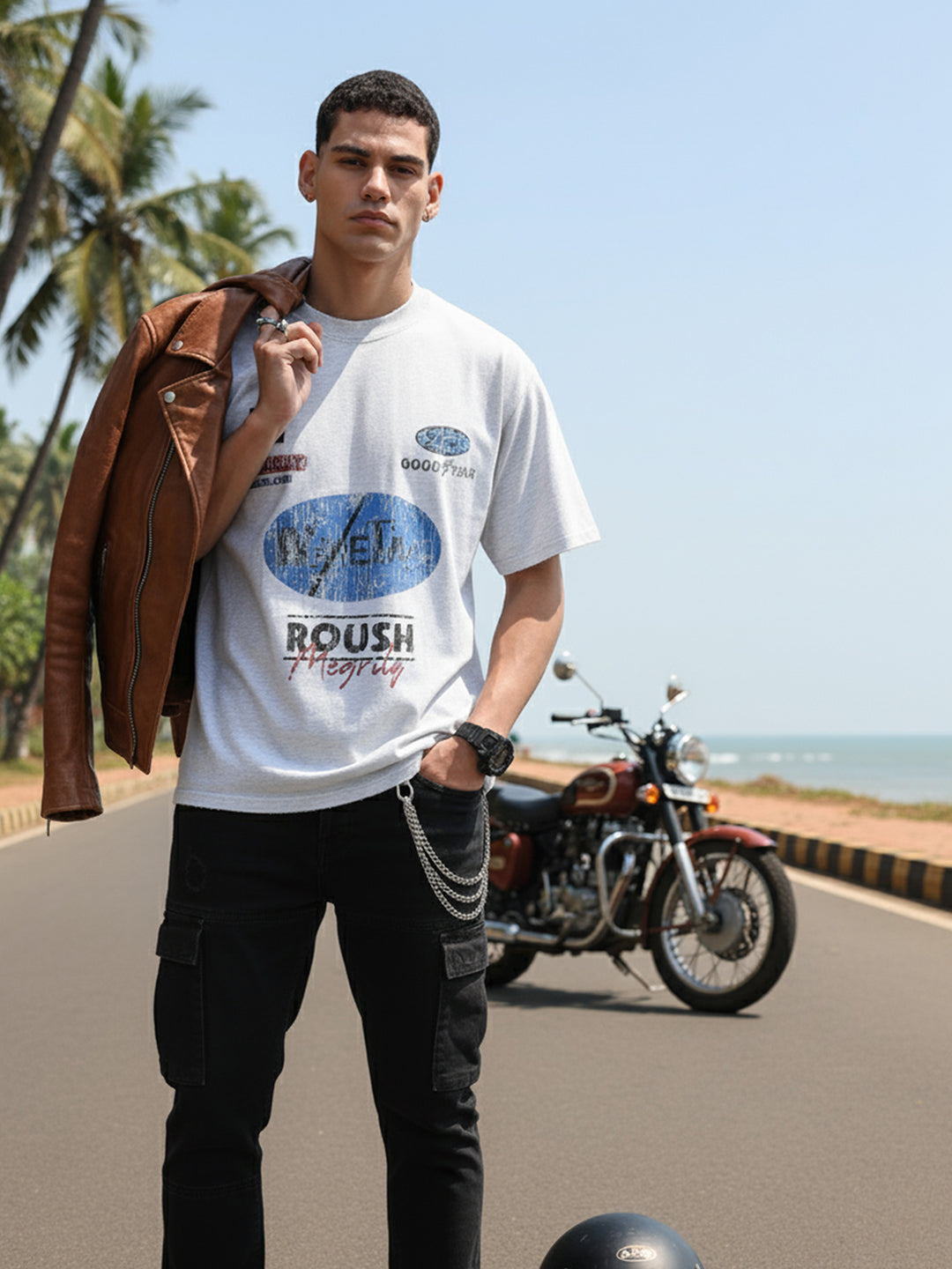 Men's Grey Relaxed Fit Graphic Printed 240 GSM Street Wear T-Shirt