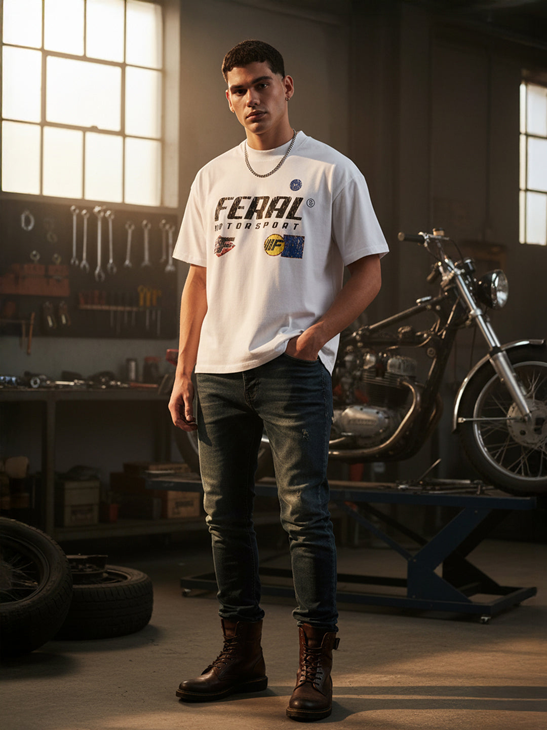 Men's White Relaxed Fit Graphic Printed 240 GSM Street Wear T-Shirt
