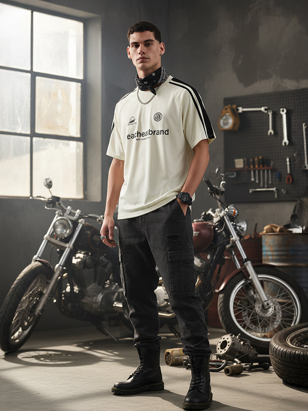 Men's Cream Relaxed Fit Graphic Printed 240 GSM Street Wear T-Shirt