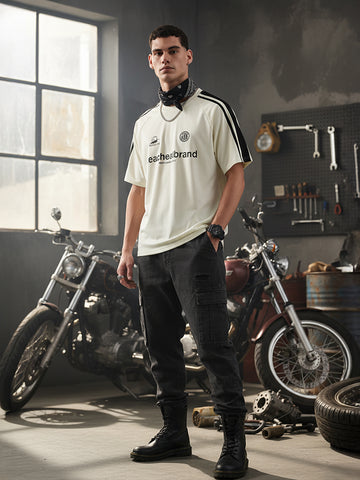 Men's Cream Relaxed Fit Graphic Printed 240 GSM Street Wear T-Shirt