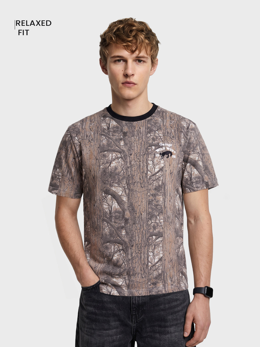 Men's Beige Relaxed Fit Embroidered Casual T-Shirt