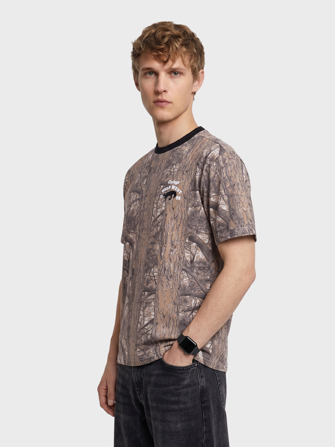 Men's Beige Relaxed Fit Embroidered Casual T-Shirt