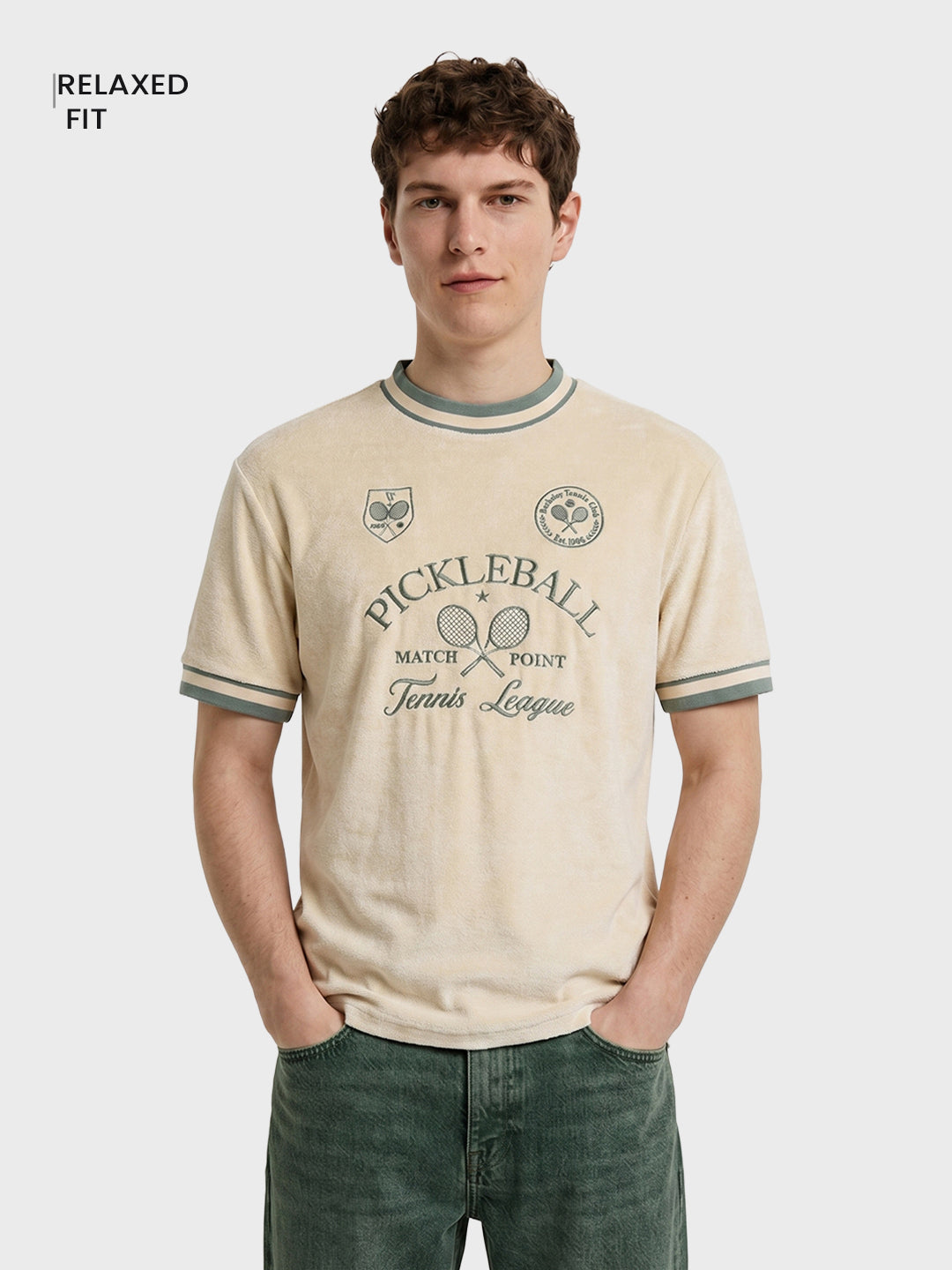 Men's Cream Boxy Fit Embroidered Casual T-Shirt