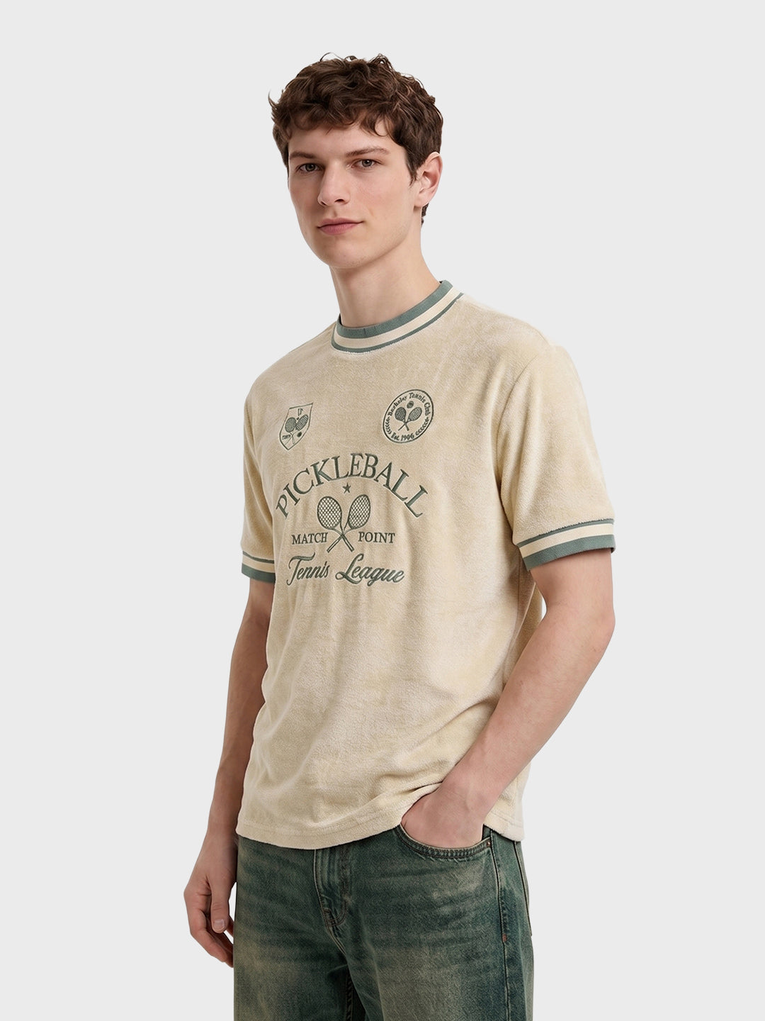 Men's Cream Boxy Fit Embroidered Casual T-Shirt