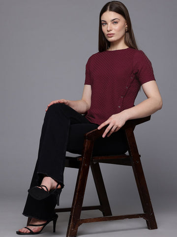 Freehand Maroon The Indian Garage Co Women Regular Fit Textured Asymmetric Top