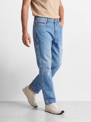 Men's Blue Relaxed Fit Solid Utility Jeans
