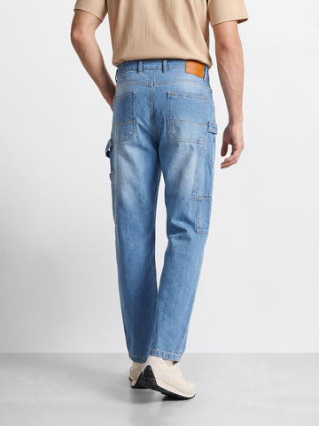 Men's Blue Relaxed Fit Solid Utility Jeans