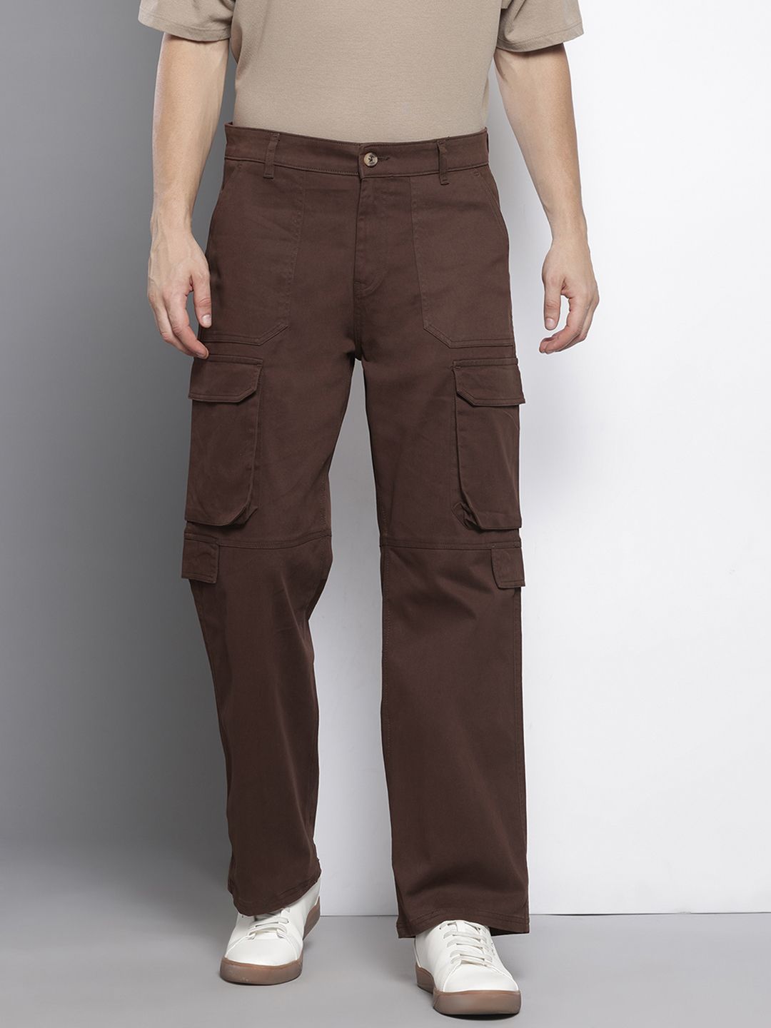 Men's Brown Relaxed Fit Solid Utility Cargo
