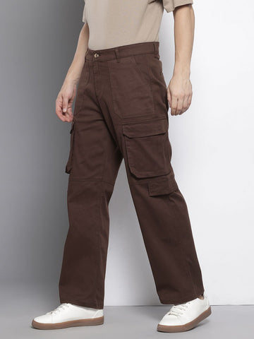 Men's Brown Relaxed Fit Solid Cargos