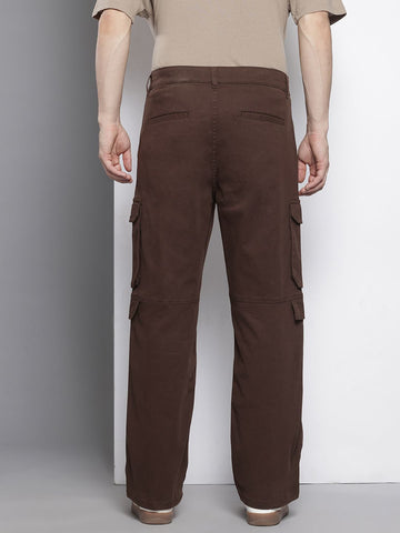 Men's Brown Relaxed Fit Solid Cargos