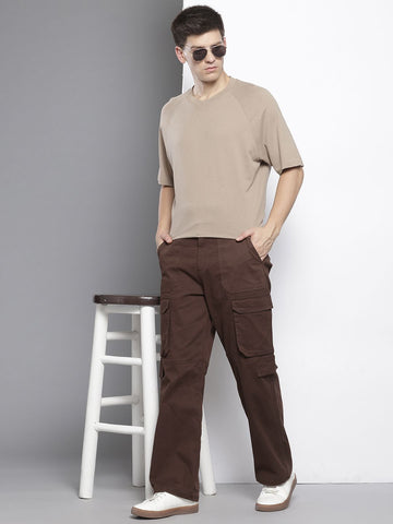 Men's Brown Relaxed Fit Solid Cargos