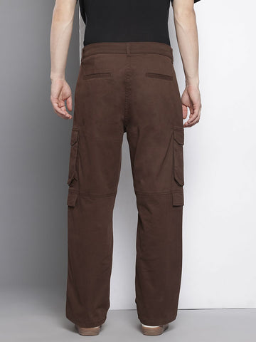 Men's Brown Relaxed Fit Solid Cargos