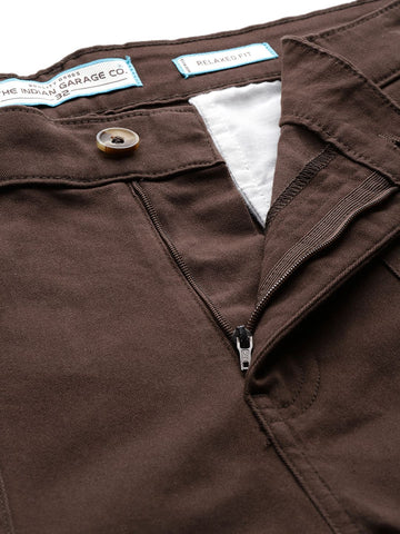 Men's Brown Relaxed Fit Solid Cargos