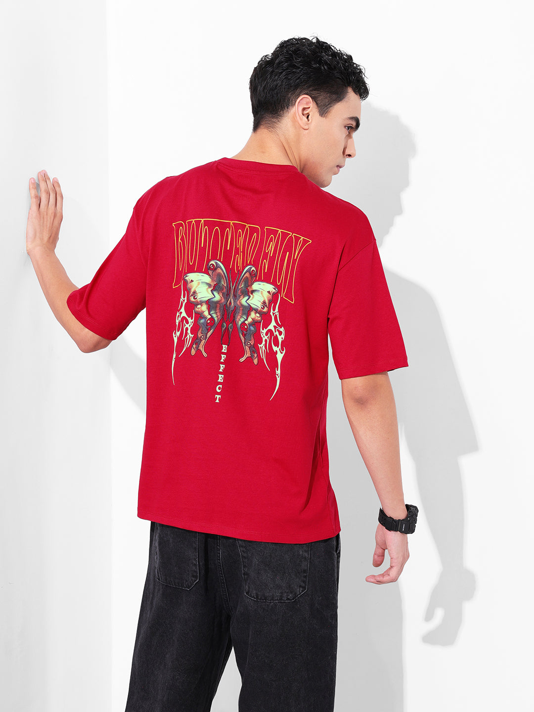 Men's Red Boxy Oversized Graphic Back Printed Round Neck T-shirt