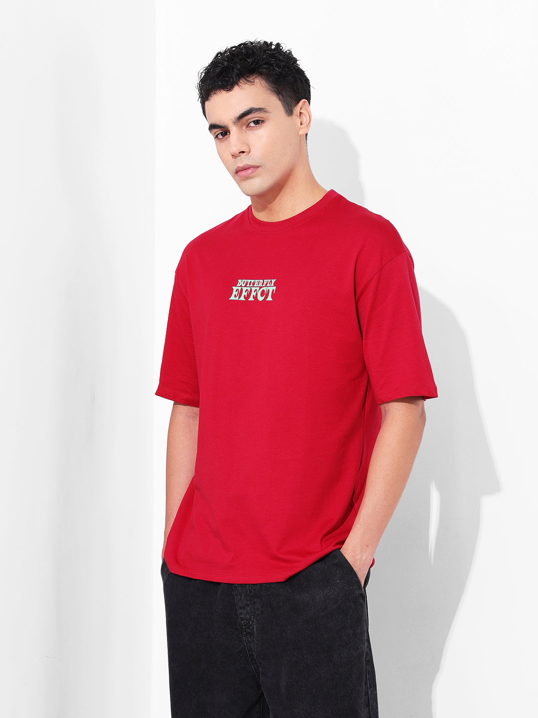 Men's Red Boxy Oversized Graphic Back Printed Round Neck T-shirt