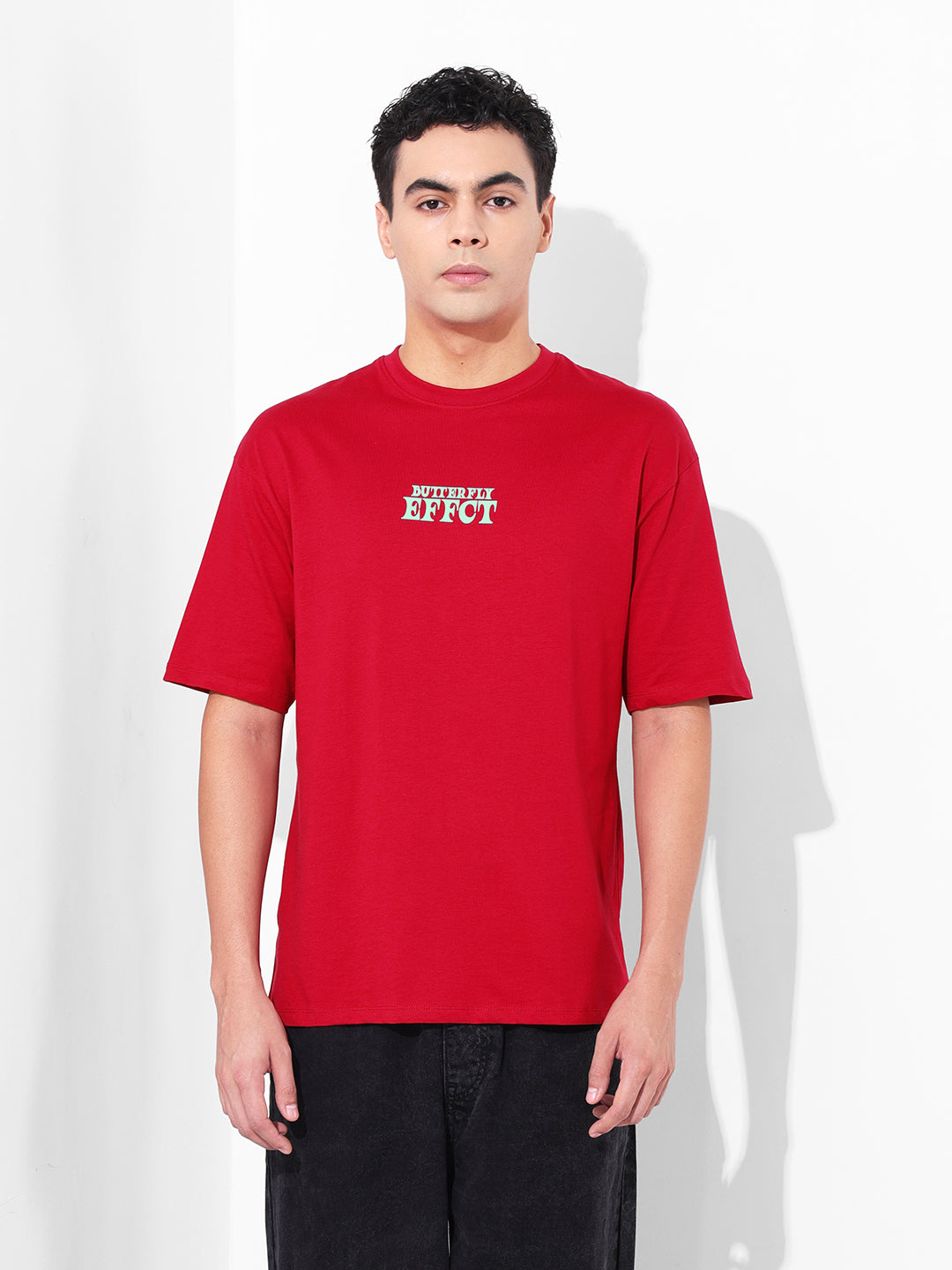 Men's Red Boxy Oversized Graphic Back Printed Round Neck T-shirt