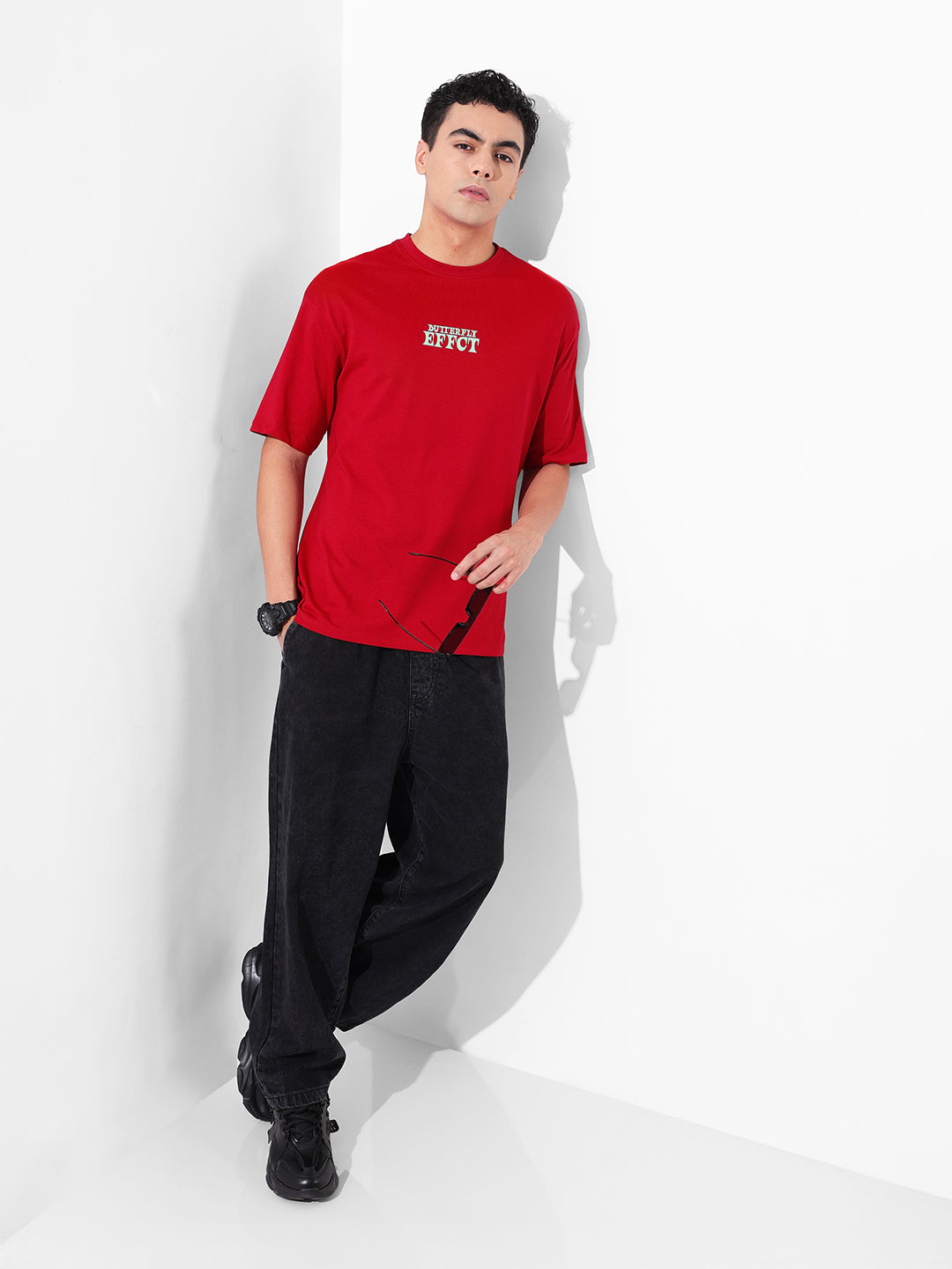Men's Red Boxy Oversized Graphic Back Printed Round Neck T-shirt