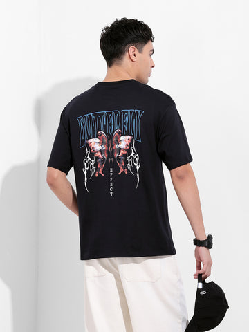 Men's Black Boxy Oversized Graphic Back Printed Round Neck T-shirt