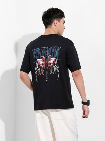 Men's Black Boxy Oversized Graphic Back Printed Round Neck T-shirt