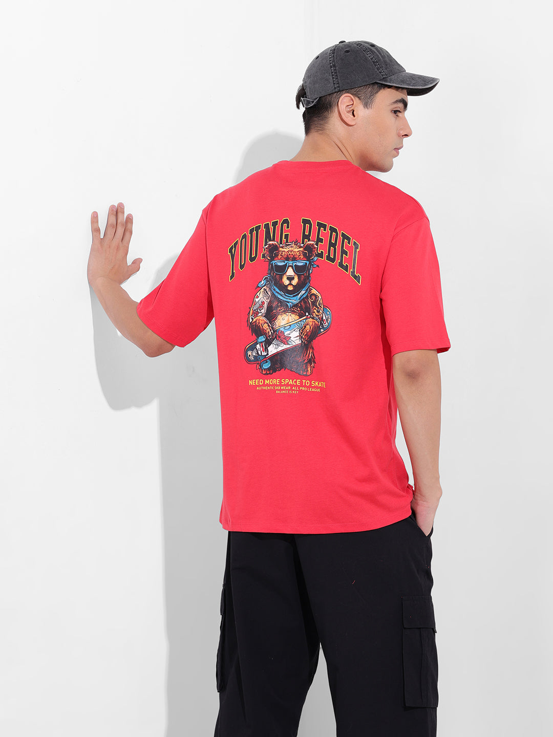 Men's Red Boxy Oversized Graphic Back Printed Round Neck T-shirt