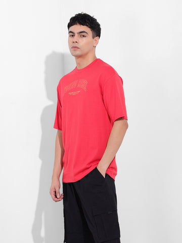 Men's Red Boxy Oversized Graphic Back Printed Round Neck T-shirt