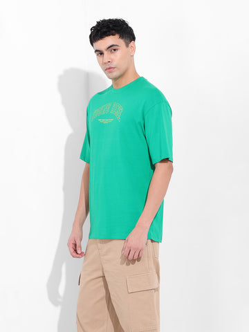 Men's Green Boxy Oversized Graphic Back Printed Round Neck T-shirt