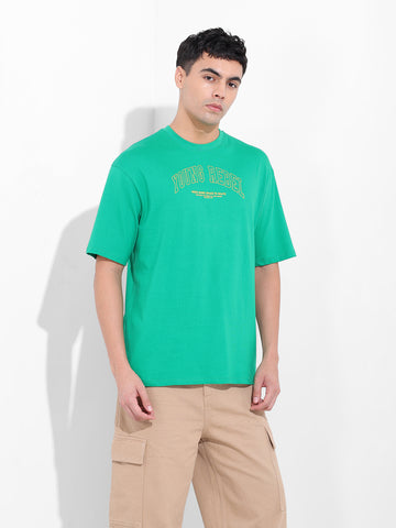 Men's Green Boxy Oversized Graphic Back Printed Round Neck T-shirt