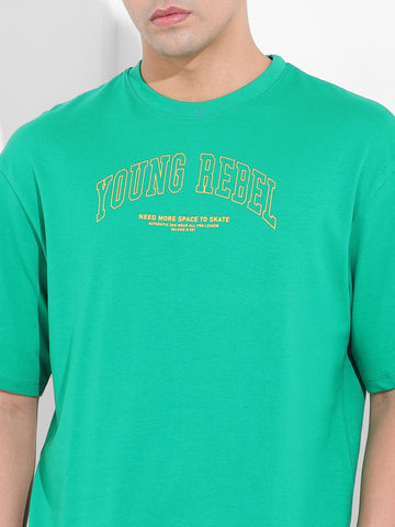 Men's Green Boxy Oversized Graphic Back Printed Round Neck T-shirt