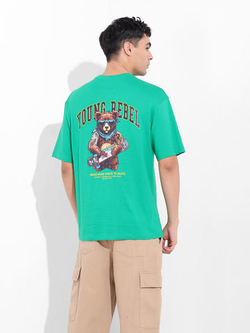 Men's Green Boxy Oversized Graphic Back Printed Round Neck T-shirt