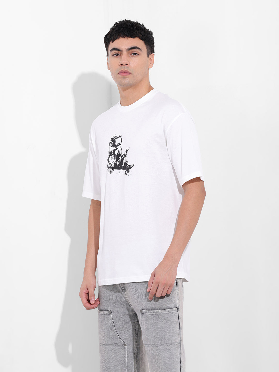 Men's White Boxy Oversized Graphic Back Printed Round Neck T-shirt