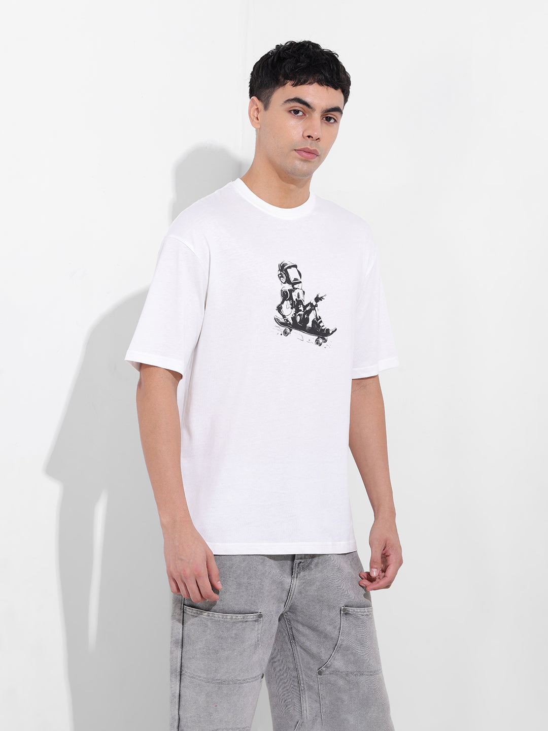 Men's White Boxy Oversized Graphic Back Printed Round Neck T-shirt
