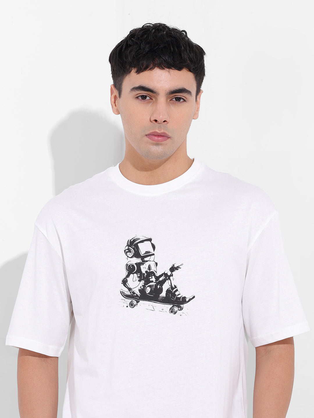Men's White Boxy Oversized Graphic Back Printed Round Neck T-shirt