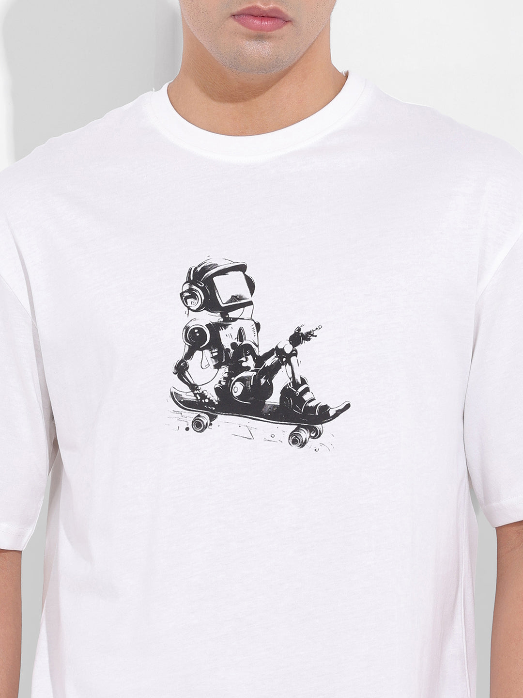 Men's White Boxy Oversized Graphic Back Printed Round Neck T-shirt