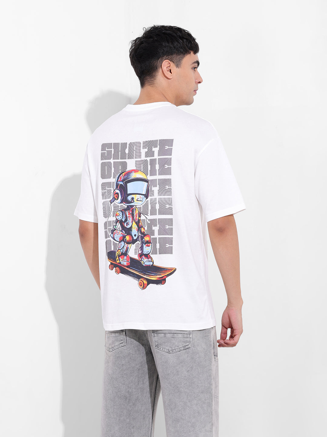 Men's White Boxy Oversized Graphic Back Printed Round Neck T-shirt