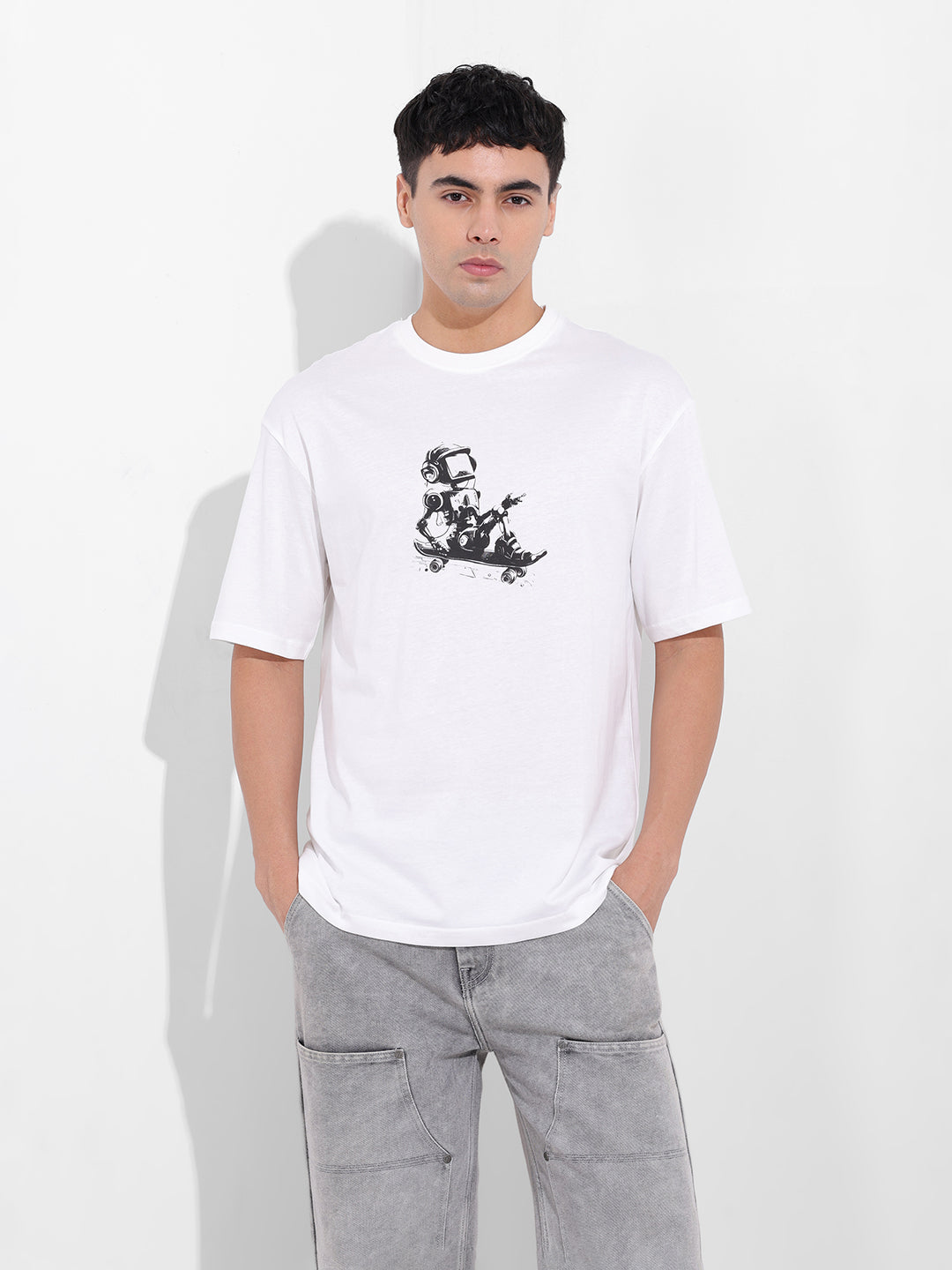 Men's White Boxy Oversized Graphic Back Printed Round Neck T-shirt