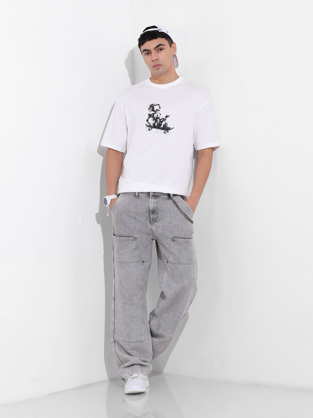 Men's White Boxy Oversized Graphic Back Printed Round Neck T-shirt