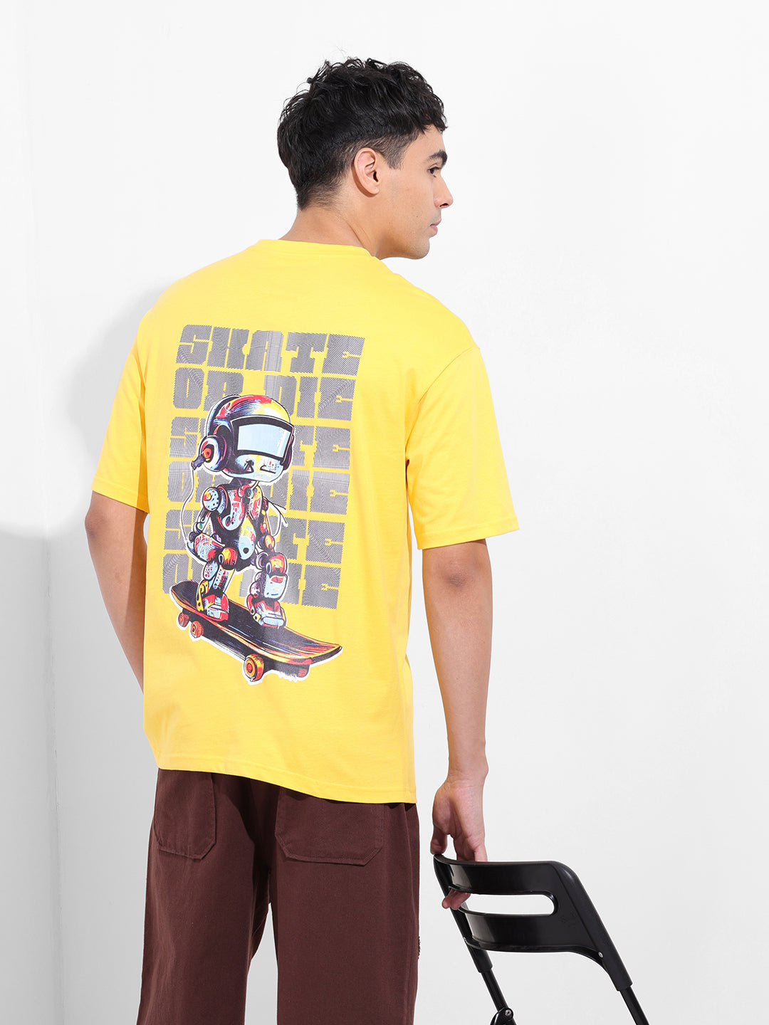 Men's Yellow Boxy Oversized Graphic Back Printed Round Neck T-shirt
