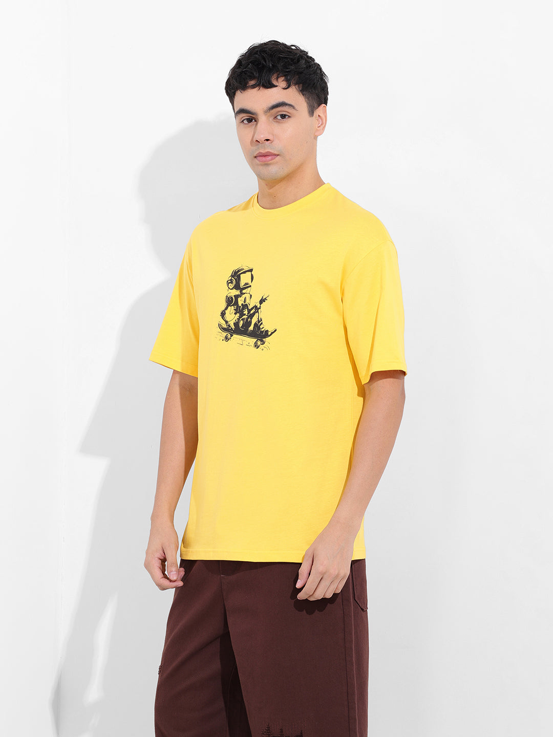 Men's Yellow Boxy Oversized Graphic Back Printed Round Neck T-shirt