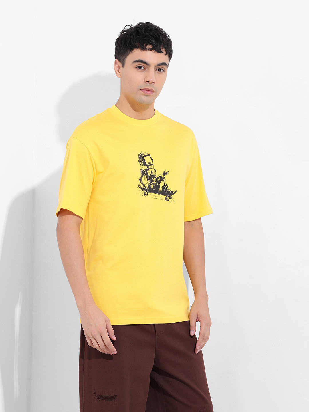 Men's Yellow Boxy Oversized Graphic Back Printed Round Neck T-shirt