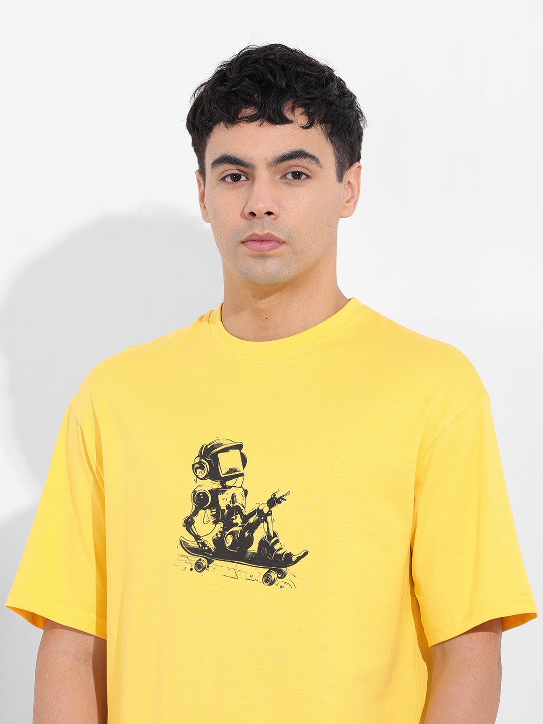 Men's Yellow Boxy Oversized Graphic Back Printed Round Neck T-shirt